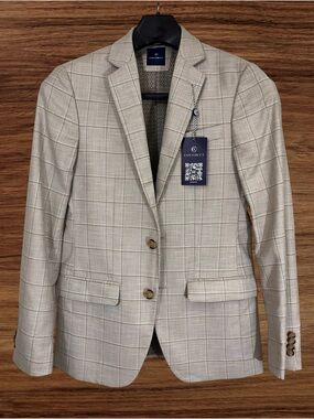 Con.Struct Men’s Tan Windowpane Jacket. Modern Fit 34R